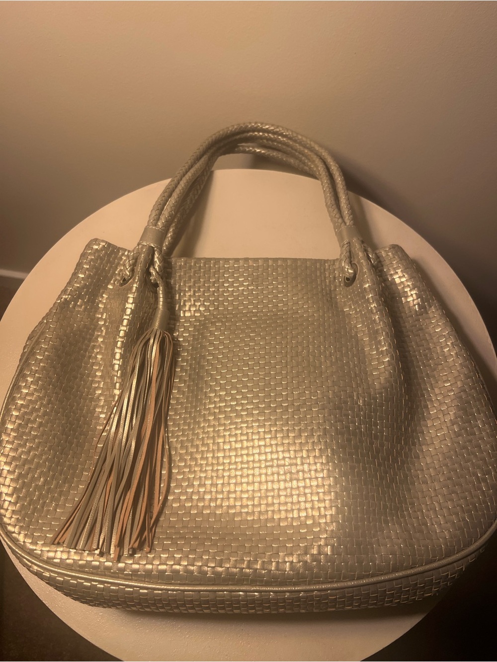 Calonge Metallic Woven Shoulder Bag with Tassel
